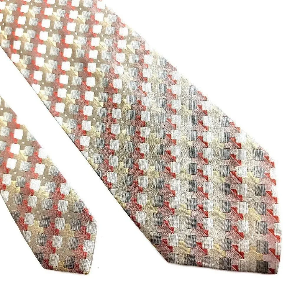 Van Heusen Brown Tan Red Woven Geometric Stain Resistant Silk Tie‎